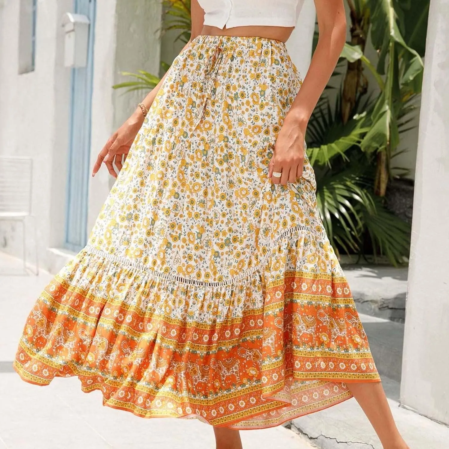 Womens Boho Skirts Summer Flowy Elastic High Waisted Maxi Skirt Fashion Color Block Ruffle Hem A Line Floral Skirts