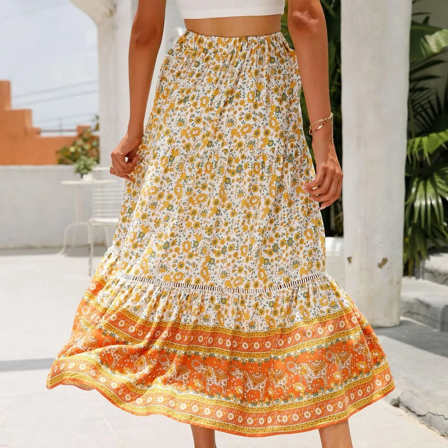 Womens Boho Skirts Summer Flowy Elastic High Waisted Maxi Skirt Fashion Color Block Ruffle Hem A Line Floral Skirts