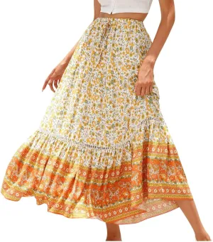 Womens Boho Skirts Summer Flowy Elastic High Waisted Maxi Skirt Fashion Color Block Ruffle Hem A Line Floral Skirts