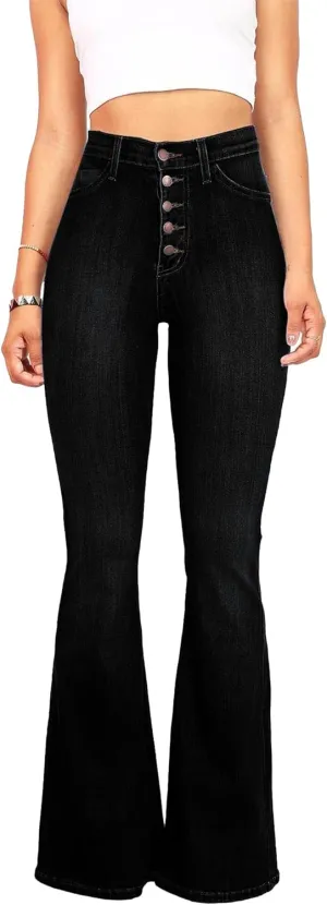 Women's Denim Stretch Thin Flared Mid Waist Pull-On Bootcut Slim Flare Jean Button Up Bell Bottom Stretch Classic