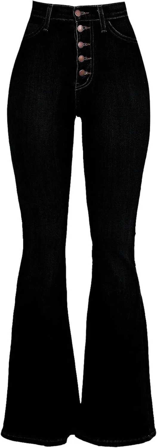 Women's Denim Stretch Thin Flared Mid Waist Pull-On Bootcut Slim Flare Jean Button Up Bell Bottom Stretch Classic
