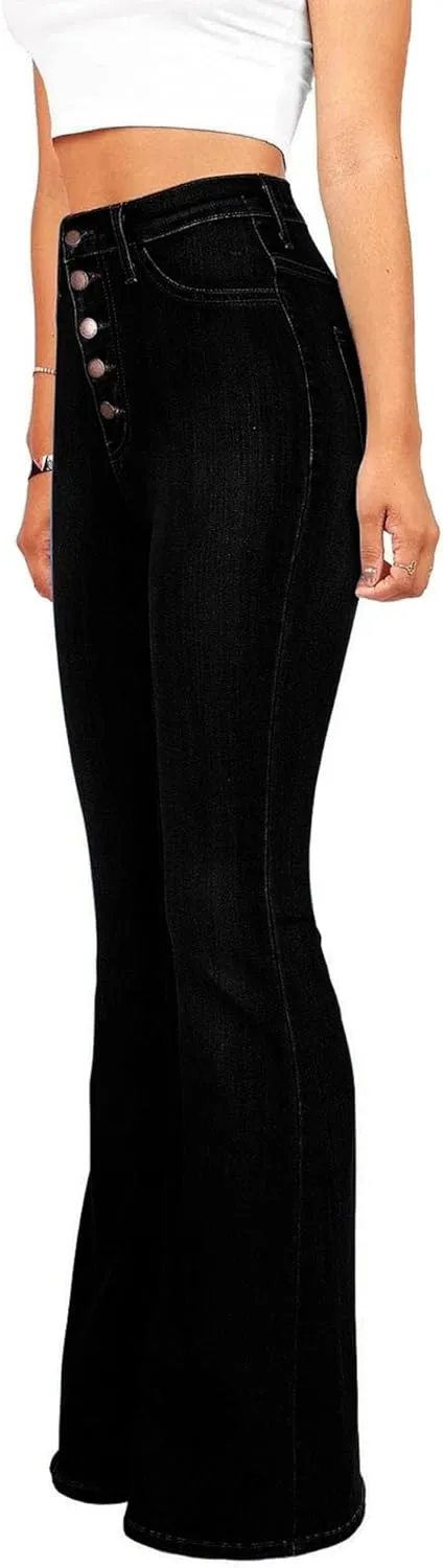 Women's Denim Stretch Thin Flared Mid Waist Pull-On Bootcut Slim Flare Jean Button Up Bell Bottom Stretch Classic