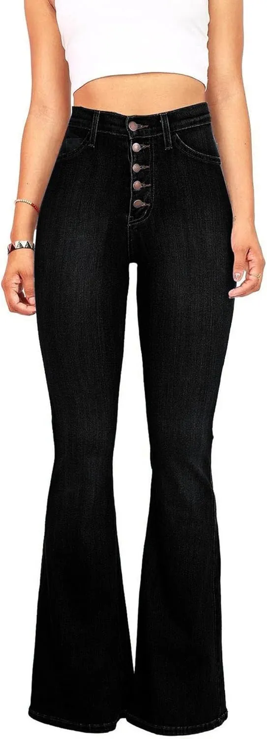Women's Denim Stretch Thin Flared Mid Waist Pull-On Bootcut Slim Flare Jean Button Up Bell Bottom Stretch Classic
