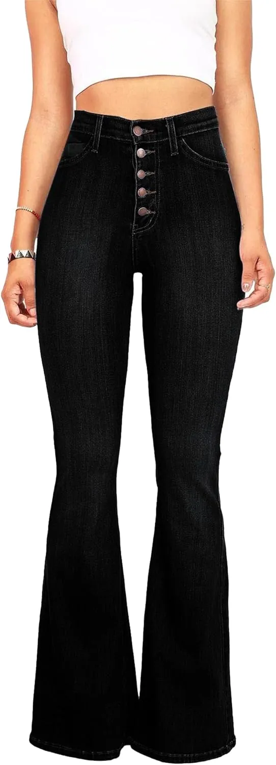 Women's Denim Stretch Thin Flared Mid Waist Pull-On Bootcut Slim Flare Jean Button Up Bell Bottom Stretch Classic