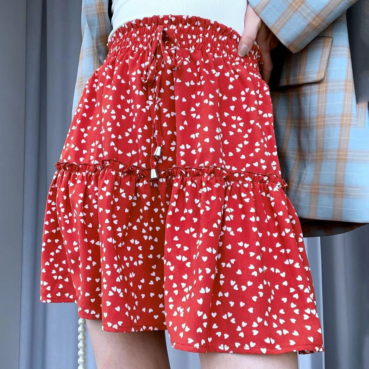 Womens Fashion Elastic Waist Flared Short Skirt Floral Print Pleated High Waist Mini Skater Skirt with Drawstring