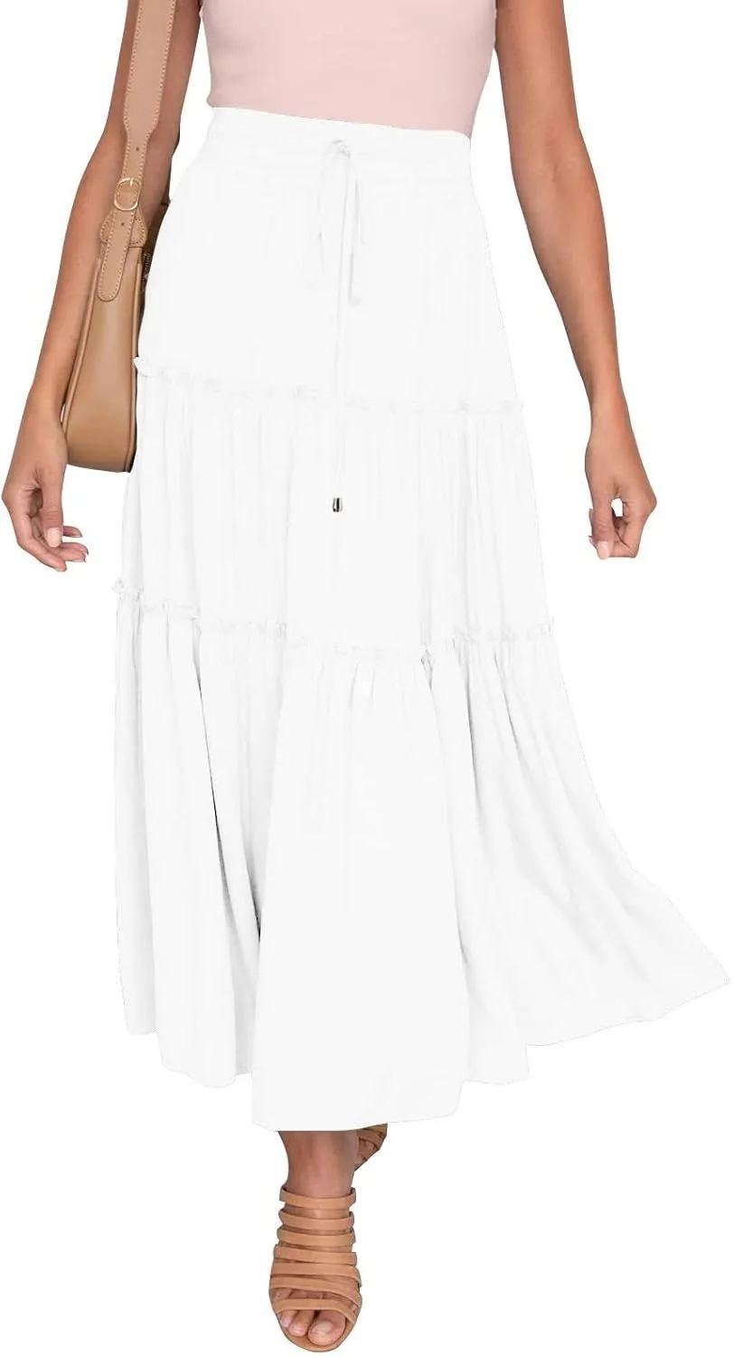 Womens Maxi Skirt Trendy Casual Flowy A Line Drawstring Elastic Waist Tiered Ruffle Pleated Swing Boho Long Skirt
