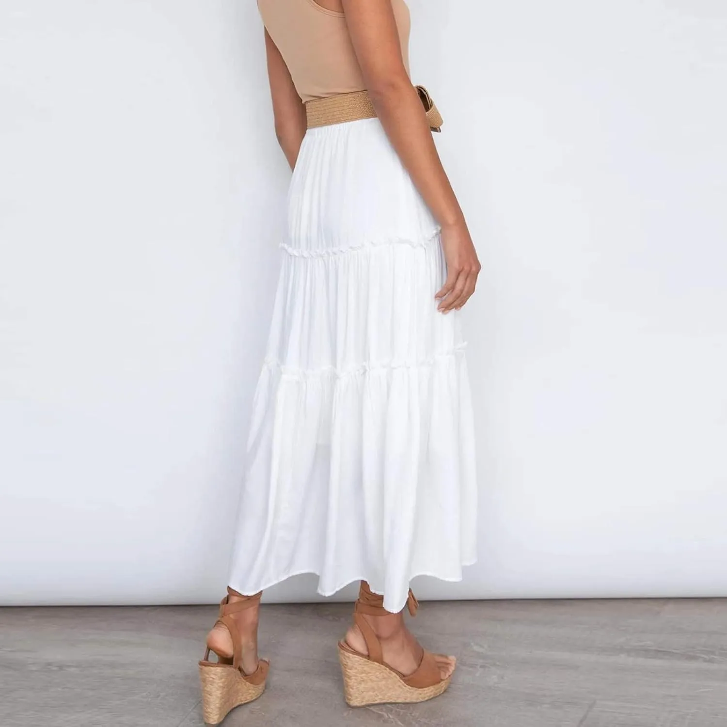 Womens Maxi Skirt Trendy Casual Flowy A Line Drawstring Elastic Waist Tiered Ruffle Pleated Swing Boho Long Skirt
