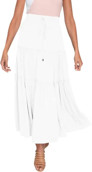 Womens Maxi Skirt Trendy Casual Flowy A Line Drawstring Elastic Waist Tiered Ruffle Pleated Swing Boho Long Skirt