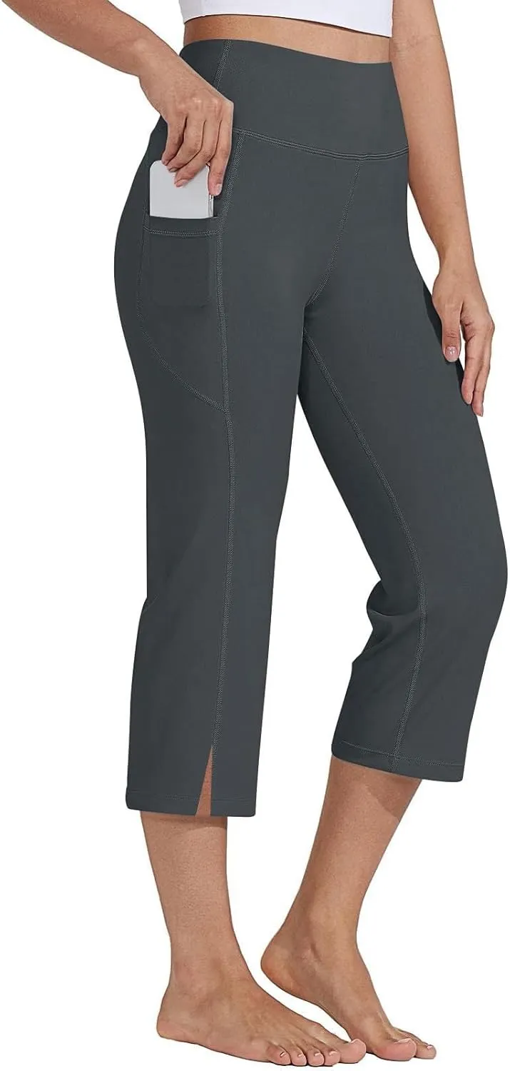 Women's Straight Leg Yoga Capris High Waist Tummy Control Bootcut Crop Pants Athletic Workout Leggings with Pockets