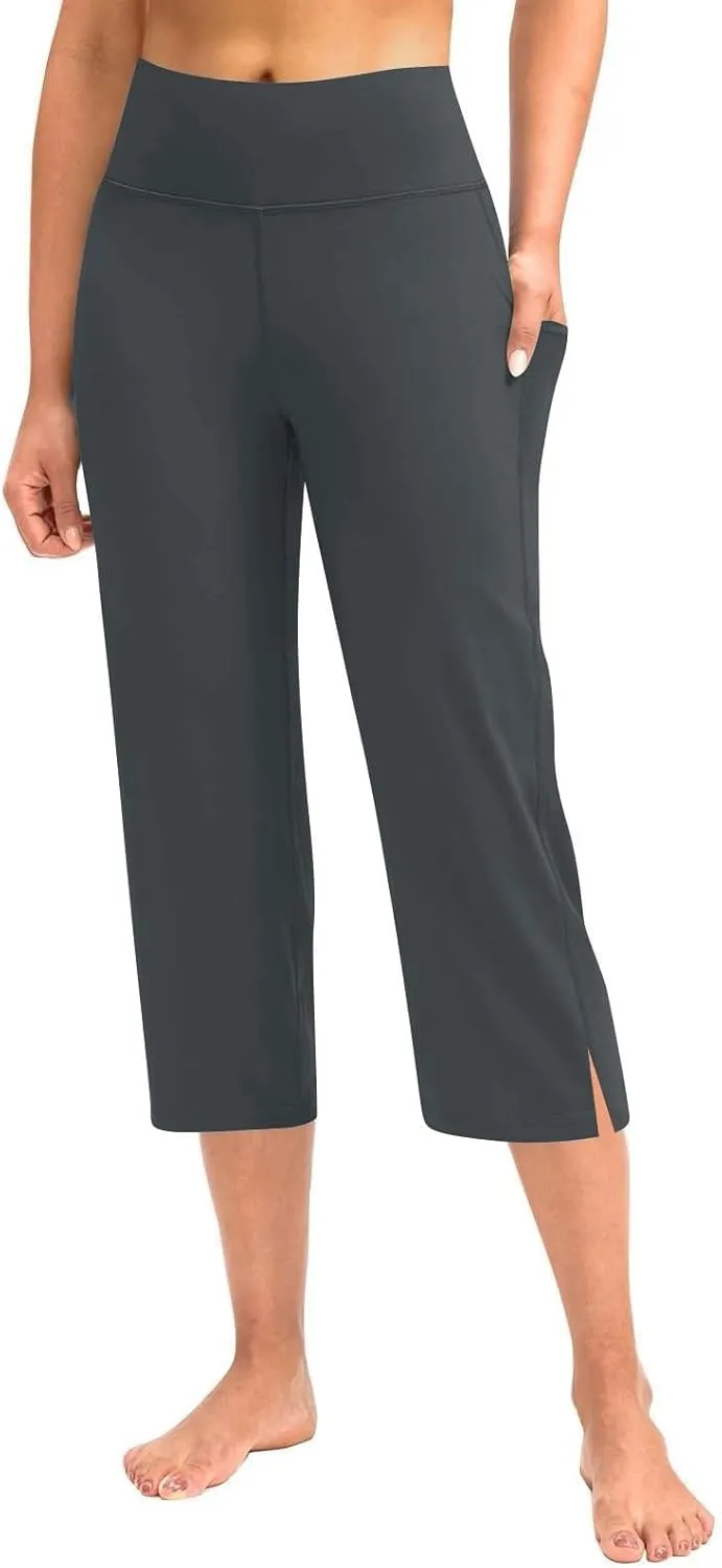 Women's Straight Leg Yoga Capris High Waist Tummy Control Bootcut Crop Pants Athletic Workout Leggings with Pockets