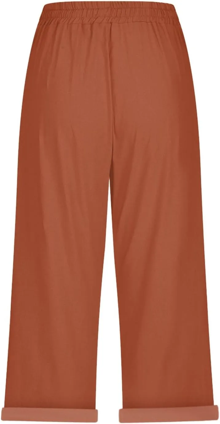 Womens Summer 2024 Cotton Linen Capri Pants Casual Loose Elastic Waist Drawstring Cropped Trouser with Pockets