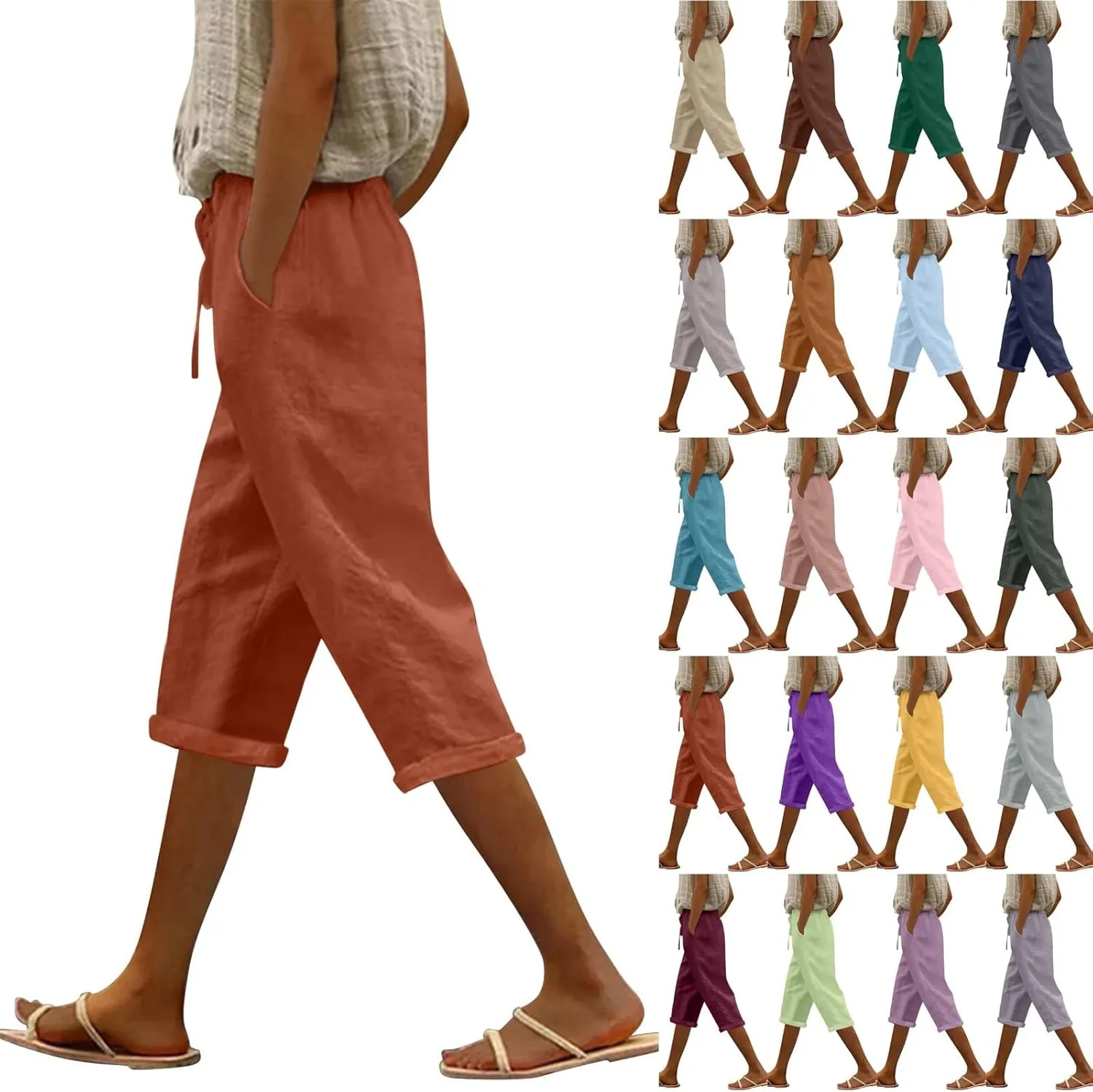 Womens Summer 2024 Cotton Linen Capri Pants Casual Loose Elastic Waist Drawstring Cropped Trouser with Pockets