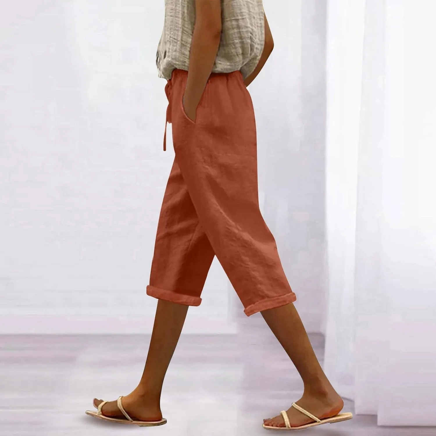Womens Summer 2024 Cotton Linen Capri Pants Casual Loose Elastic Waist Drawstring Cropped Trouser with Pockets