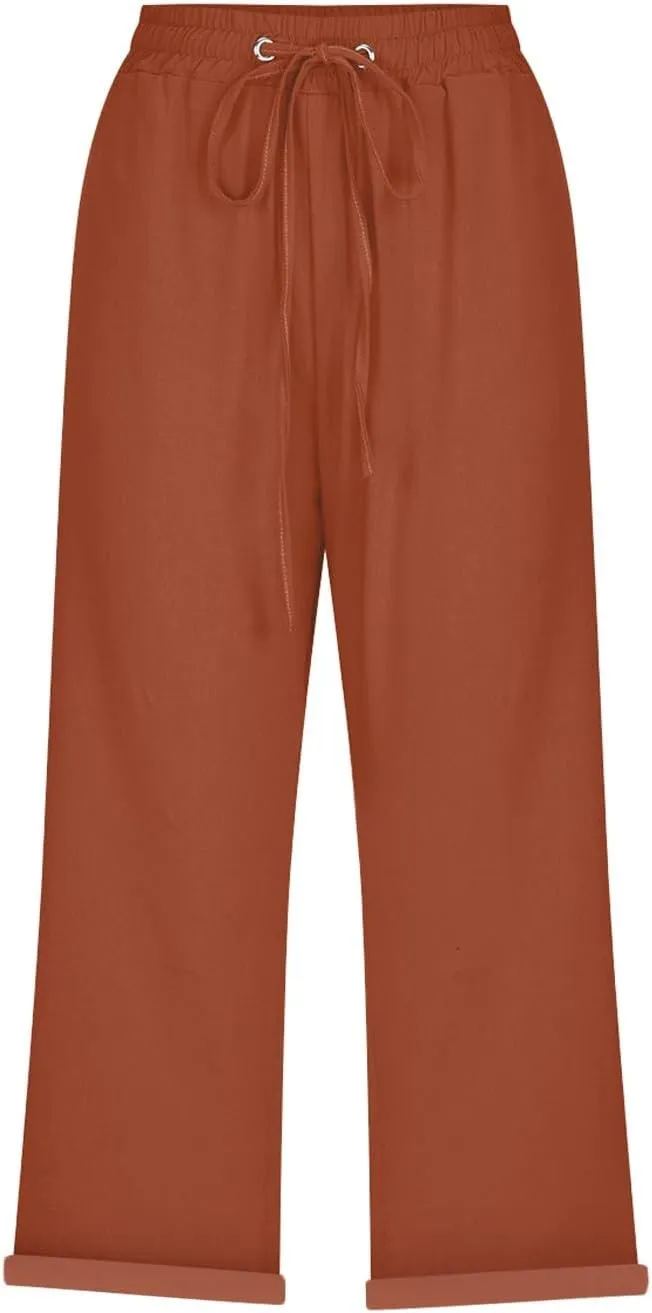 Womens Summer 2024 Cotton Linen Capri Pants Casual Loose Elastic Waist Drawstring Cropped Trouser with Pockets