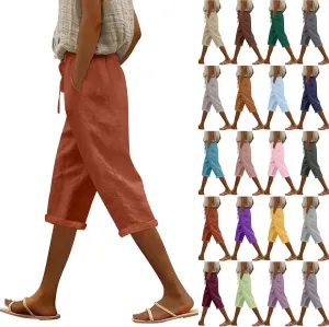 Womens Summer 2024 Cotton Linen Capri Pants Casual Loose Elastic Waist Drawstring Cropped Trouser with Pockets