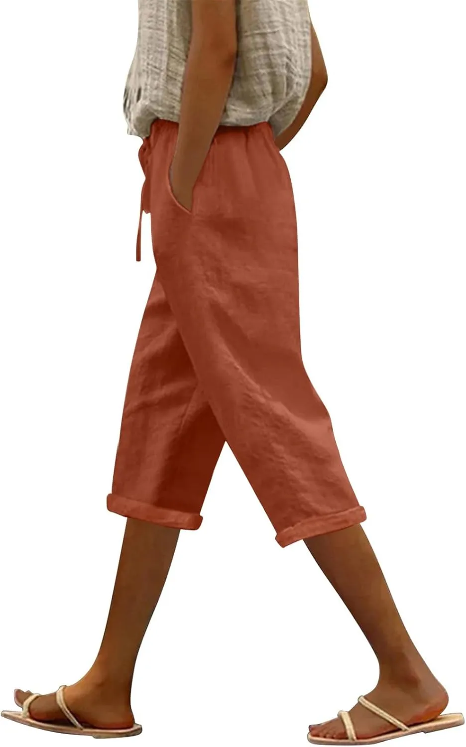 Womens Summer 2024 Cotton Linen Capri Pants Casual Loose Elastic Waist Drawstring Cropped Trouser with Pockets