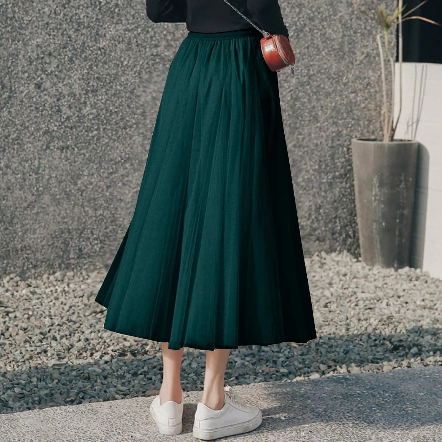 Womens Tulle Maxi Skirts Summer Party Solid Beach Elastic High Waist Pleated A-Line Flowy Swing Long Maxi Skirts