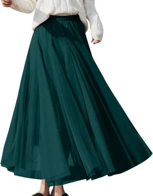 Womens Tulle Maxi Skirts Summer Party Solid Beach Elastic High Waist Pleated A-Line Flowy Swing Long Maxi Skirts